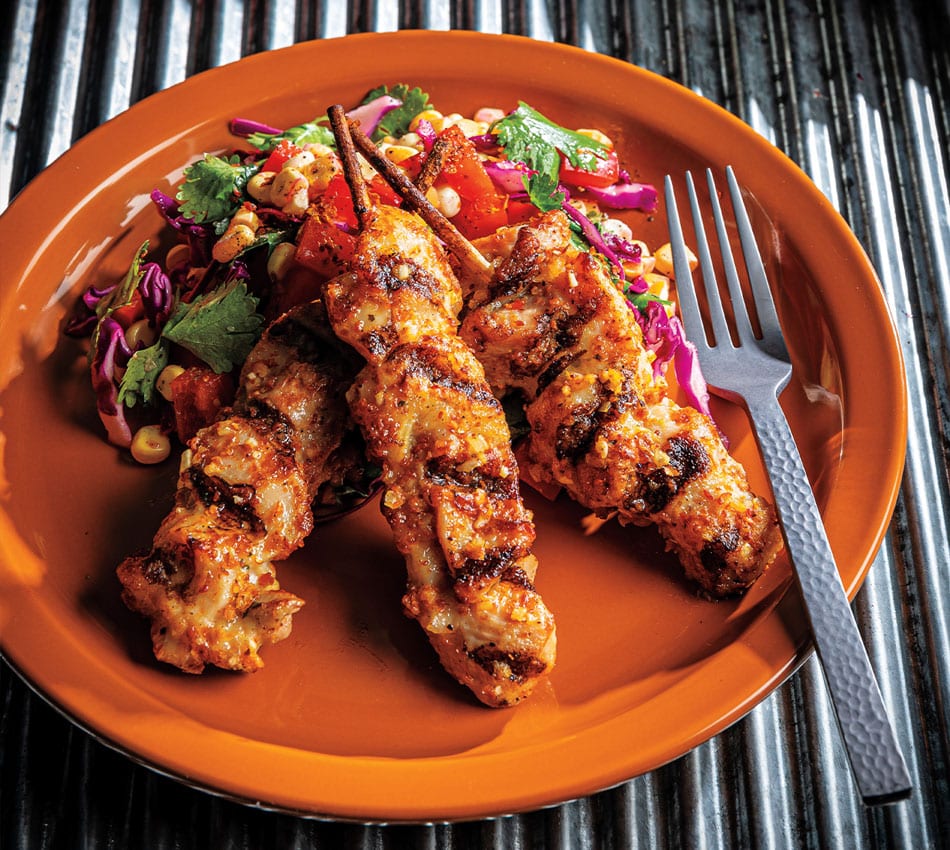 Aleppo Chicken Thigh Skewers with Red Cabbage & Corn Salad